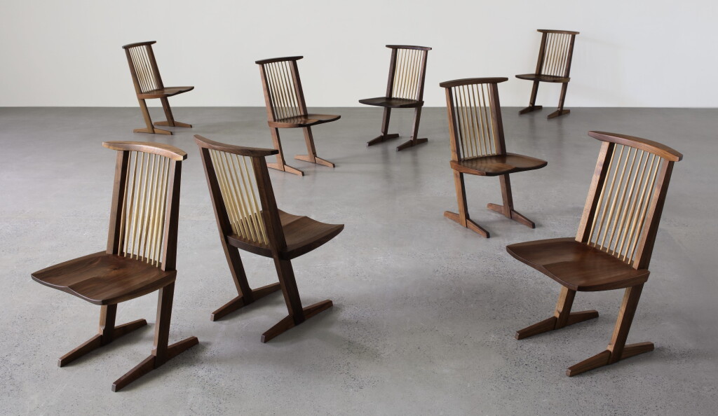 View full screen - View 1 of Lot 305. MIRA NAKASHIMA | SET OF EIGHT "CONOID" CHAIRS.