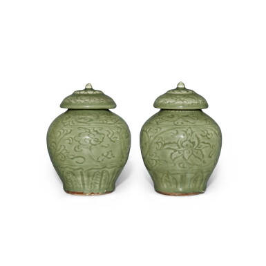 View full screen - View 1 of Lot 167. Two 'Longquan' celadon-glazed 'floral' jars and covers, Ming dynasty | 明 龍泉窰青釉纏枝花卉紋蓋罐兩件.