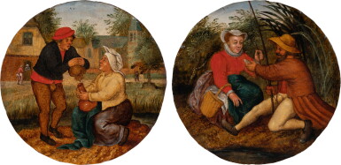 View full screen - View 1 of Lot 8. A peasant offering a cock to his companion; a fisherman offering a fish to his companion 《農夫向女伴獻公雞;漁夫向女伴獻魚》.