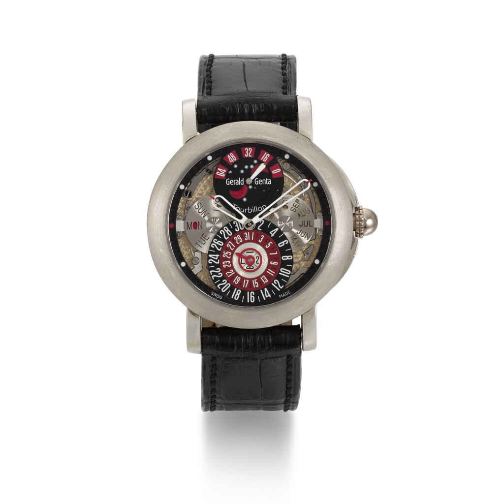 View full screen - View 1 of Lot 322. GÉRALD GENTA | ARENA NO 3, REF ATM.X.75, PLATINUM AND PALLADIUM TOURBILLON SEMI-SKELETONISED PERPETUAL CALENDAR WRISTWATCH WITH POWER RESERVE, LEAP-YEAR AND MOON-PHASE INDICATION, CIRCA 2005.