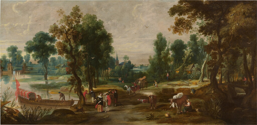 View full screen - View 1 of Lot 71. Panoramic river landscape with elegant couples, a milkmaid, and a ferry | Flusslandschaft mit eleganten Paaren, einem Milchmädchen und einer Fähre .