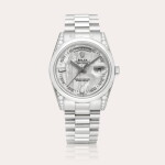 Day-Date, Reference 118296 | A platinum and diamond-set wristwatch with day, date, bracelet, meteorite dial and "stainless steel" error case, Circa 2001