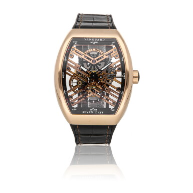 View full screen - View 1 of Lot 8. FRANCK MULLER | VANGUARD V45 S6 SQT 5N, A ROSE GOLD TONNEAU-SHAPED SKELETONIZED WRISTWATCH CIRCA 2000.