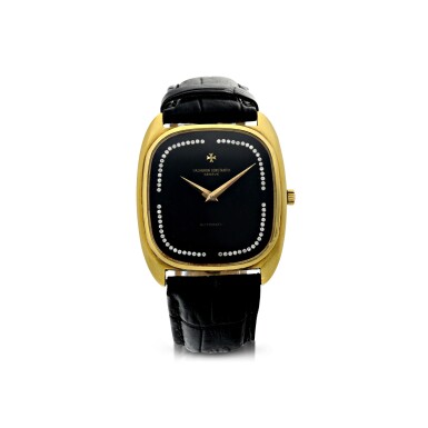 View full screen - View 1 of Lot 804. REFERENCE 44003 A YELLOW GOLD CUSHION SHAPED AUTOMATIC WRISTWATCH WITH DIAMOND-SET ONYX DIAL, CIRCA 1985.