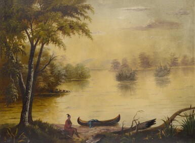 View full screen - View 1 of Lot 1642. Riverscape with Seminole Native and Canoe.
