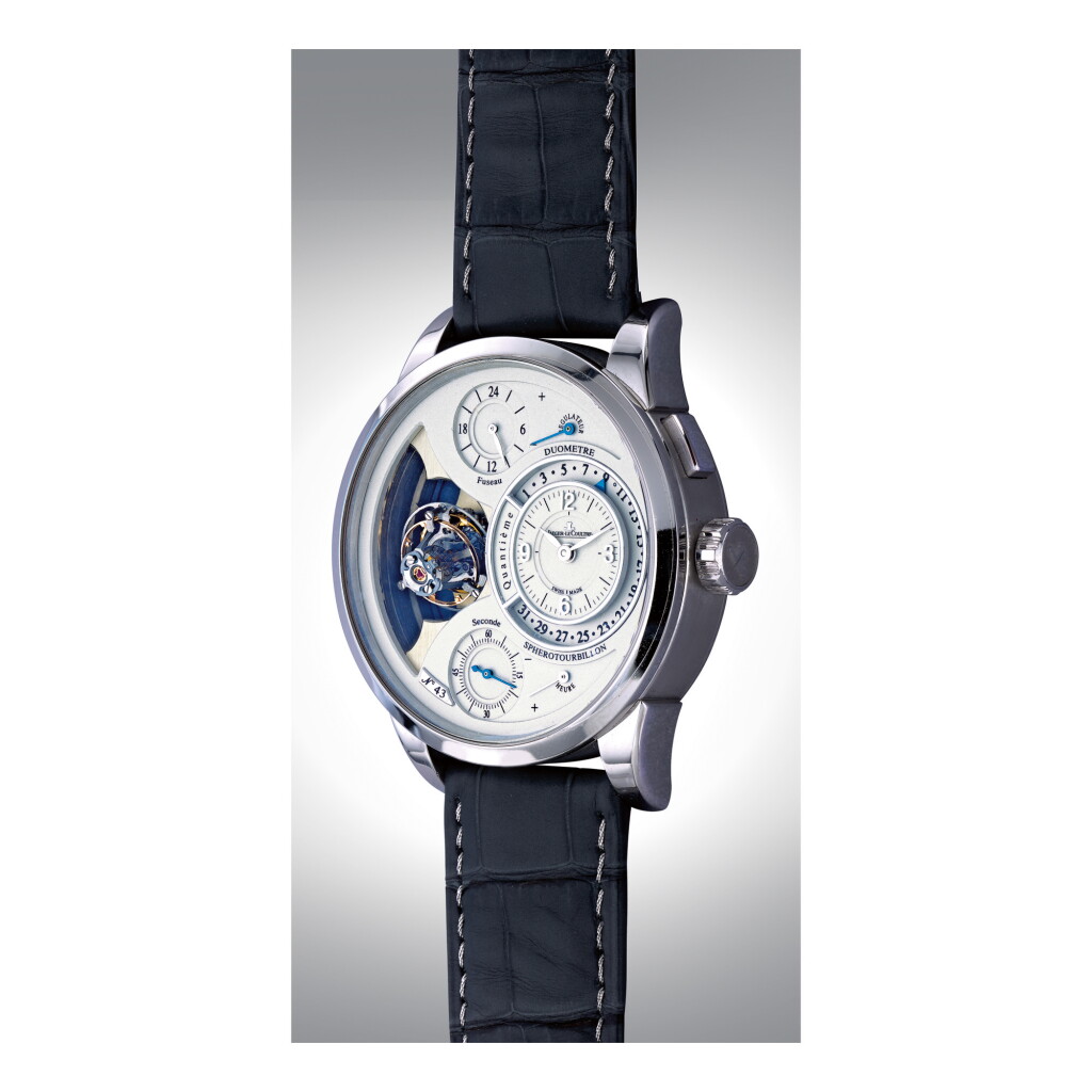View full screen - View 1 of Lot 983. JAEGER-LECOULTRE | DUOMETRE SPHEROTOURBILLON, A LIMITED EDITION PLATINUM DUAL TIME ZONE TOURBILLON WRISTWATCH WITH DATE AND FLYBACK SECONDS CIRCA 2012 | 積家 |「DUOMETRE SPHEROTOURBILLON」限量版鉑金兩地時間陀飛輪腕錶備日期顯示及飛返秒針,年份約2012.
