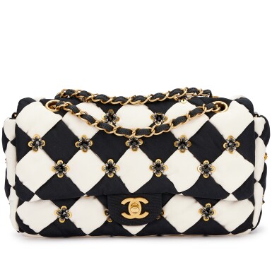 View full screen - View 1 of Lot 3122. Black and White Quilted Fabric and Sequin Flap Bag Brushed Gold Hardware.