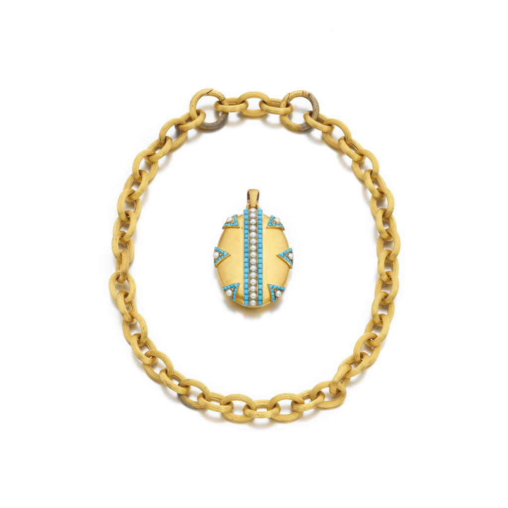 View full screen - View 1 of Lot 1129. Turquoise, half-pearl and diamond locket, circa 1870 and a chain, mid-19th century.