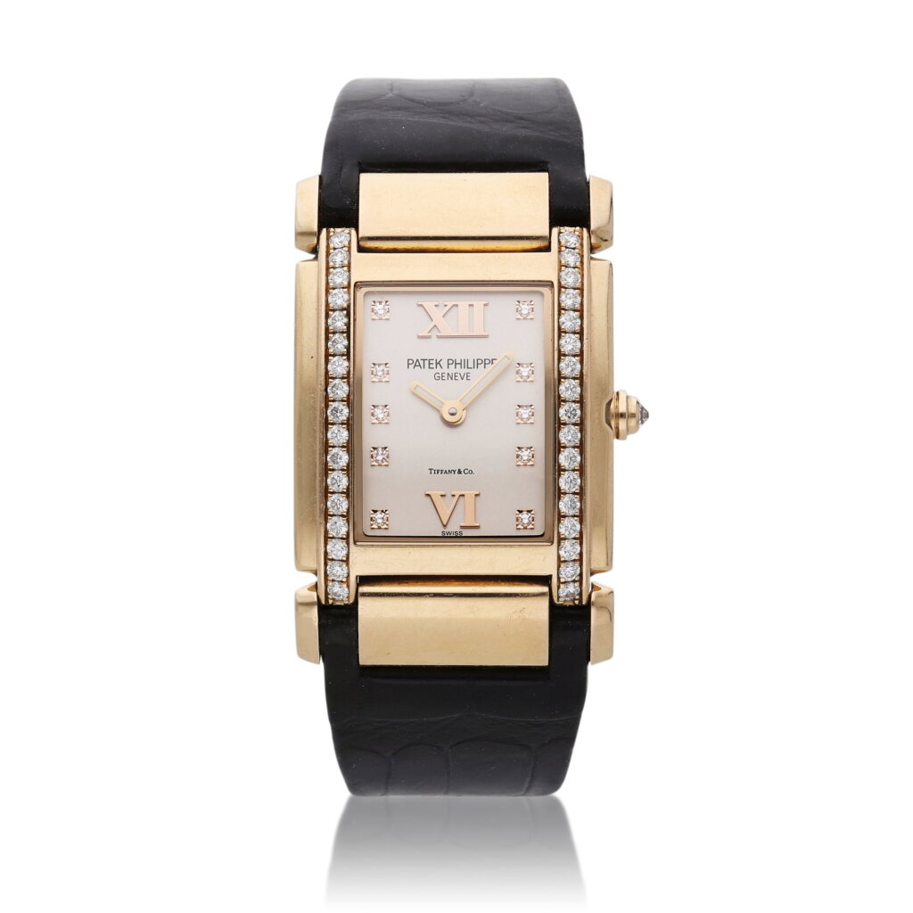 View full screen - View 1 of Lot 60. Reference 4920R-010 Twenty-4 | Retailed by Tiffany & Co.: A pink gold and diamond-set rectangular wristwatch, Circa 2018.