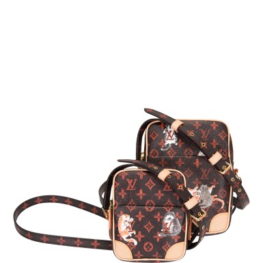 View full screen - View 1 of Lot 196. Louis Vuitton x Grace Coddington "Catogram" Paname Camera Bag Set of Red and Black Monogram Coated Canvas with Polished Brass Hardware.