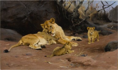 View full screen - View 1 of Lot 60. WILHELM KUHNERT | A LIONESS AND HER CUBS.