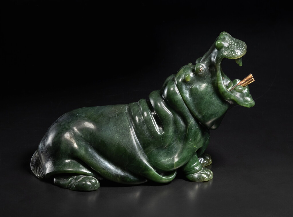 View full screen - View 1 of Lot 9. King Edward VII: A Rare and Impressive Fabergé Jeweled Nephrite Cigar Lighter Modeled as a Hippopotamus, St Petersburg, circa 1908.