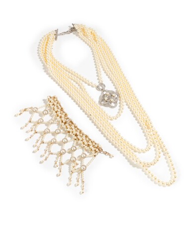 View full screen - View 1 of Lot 3. Set of A Faux Pearls and Rhinestones Camellia Long Necklace, Fall 2016 and A Matching Bracelet, Métiers d'Art Paris-Rome Pre-Fall 2016.