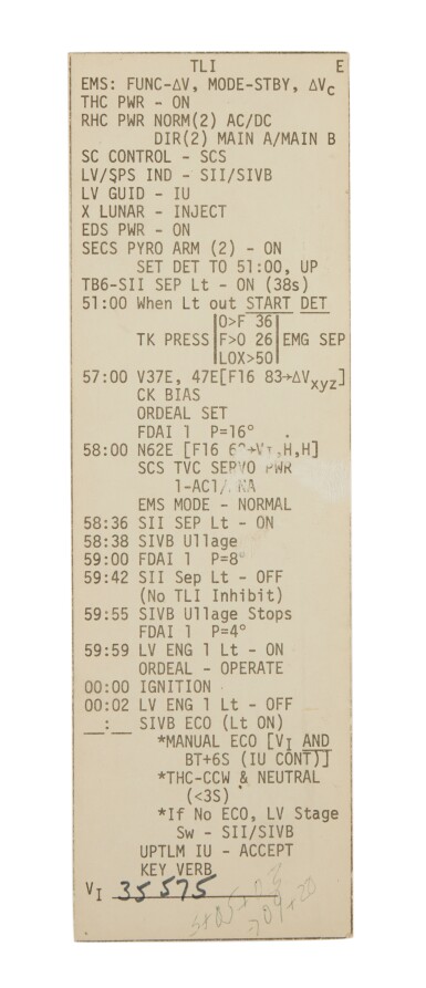 View full screen - View 1 of Lot 12. FLOWN Apollo 11 Command Module "TLI" Data Card — The Steps Taken to Complete Translunar Injection, Setting the Apollo 11 Spacecraft on its Trajectory to the Moon.