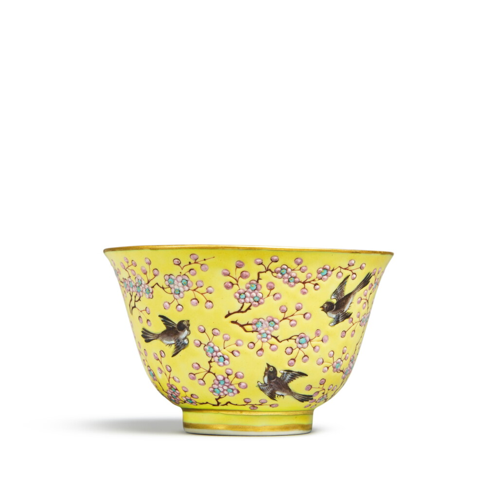 View full screen - View 1 of Lot 544. A yellow-ground famille-rose 'magpie and prunus' cup, Mark and period of Tongzhi | 清同治 黃地粉彩喜上眉梢紋盃 《同治年製》款.
