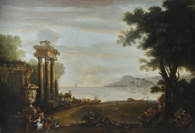 View full screen - View 1 of Lot 52. JOHN WOOTTON | An Italianate coastal landscape, with figures by classical ruins, and a ferry beyond.
