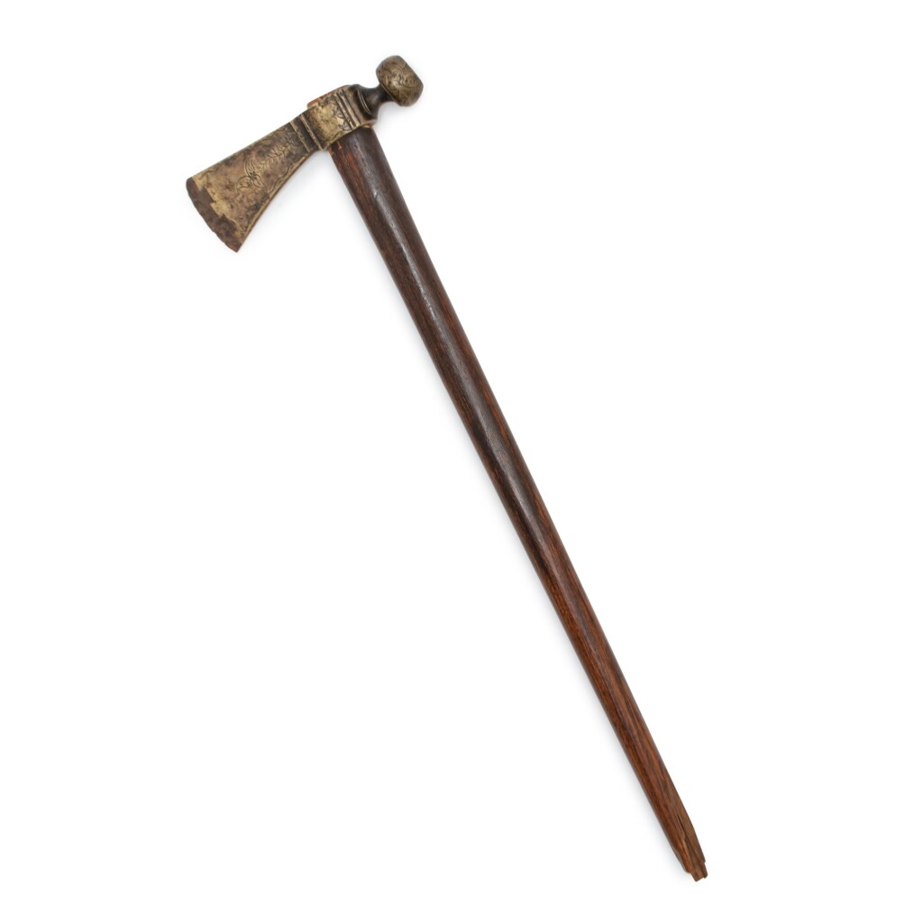 View full screen - View 1 of Lot 222. American Engraved Brass Pipe Tomahawk, Late 18th Century.