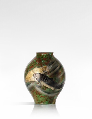 View full screen - View 1 of Lot 77. A bronze 'double carp' baluster vase, Japan, 20th century.