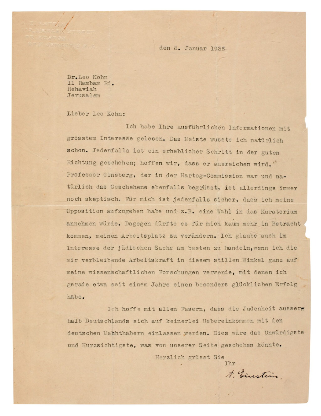 View full screen - View 1 of Lot 43. EINSTEIN | typed letter signed, to Leo Kohn, secretary of the Jewish Agency in Jerusalem, 8 January 1936.