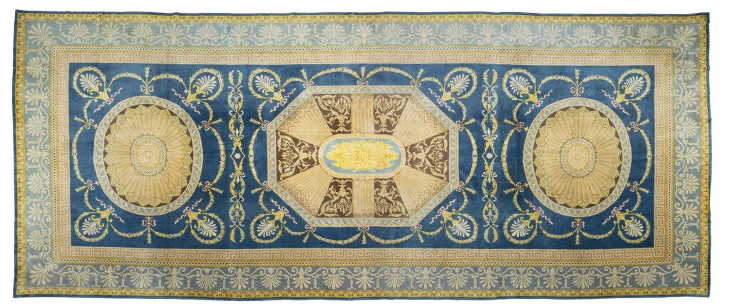 View full screen - View 1 of Lot 90. A Savonnerie style carpet, Real Fabrica de Tapices, Madrid, Spain, inscribed and dated 1962 | Tapis dans le style de la Savonnerie, Real Fabrica de Tapices, Madrid, Espagne, inscrit et daté 1962.