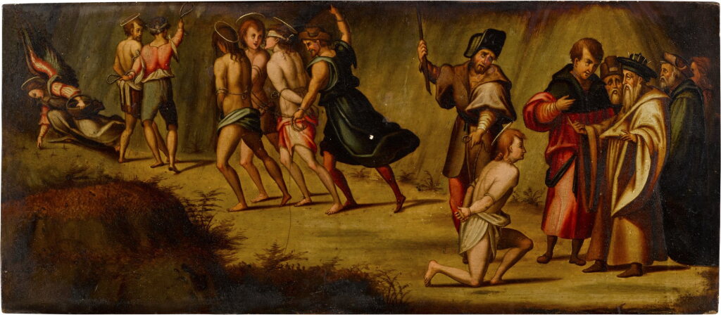 View full screen - View 1 of Lot 11. Soldiers leading a group of male saints to their death, possibly a scene from the life of Saint Acacius.