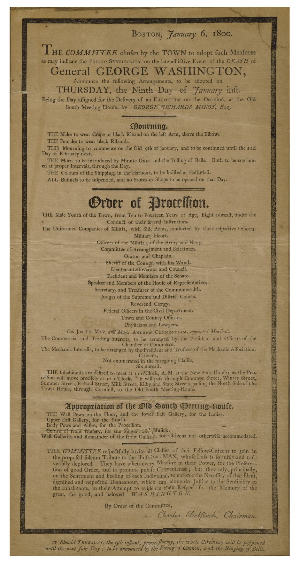 View full screen - View 1 of Lot 110. (WASHINGTON, GEORGE) | The Committee chosen by the Town to adopt such Measures as may indicate the Public Sensibility on the late Afflictive Event of the Death of General George Washington, announce the following Arrangements, to be adopted on Thursday, the Ninth Day of January inst. Boston, January 6, 1800.