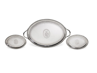 View full screen - View 1 of Lot 84. A George III silver two-handled tray and a pair of matching oval waiters, John Crouch I & Thomas Hannam, London, 1792.