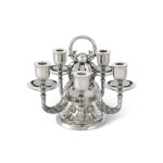A DANISH SILVER GRAPEVINE PATTERN FIVE-LIGHT CANDELABRUM, NO. 383A, DESIGNED BY GEORG JENSEN, GEORG JENSEN SILVERSMITHY, COPENHAGEN, CIRCA 1930'S