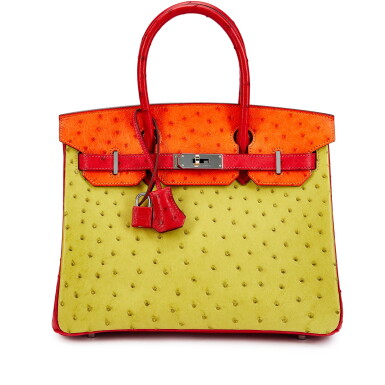 View full screen - View 1 of Lot 5579. Limited Edition Rouge Vif, Tangerine and Vert Anis Ostrich Birkin 30 Palladium Hardware, 2007.