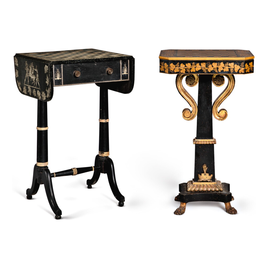 View full screen - View 1 of Lot 726. A REGENCY PENWORK GAMES TABLE DEPICTING NEOCLASSICAL SCENES IN THE MANNER OF FLAXMAN; TOGETHER WITH A REGENCY PENWORK GAMES TABLE WITH GILT S-SCROLL BRACKETS CONFORMING TO THE SIDES OF THE CENTRAL POLE, SECOND QUARTER 19TH CENTURY.