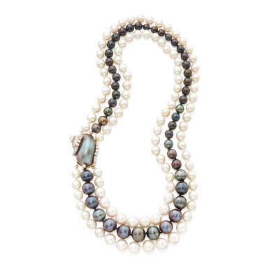 View full screen - View 1 of Lot 304. CULTURED PEARL, SHELL AND DIAMOND 'NAUTILUS' NECKLACE, SEAMAN SCHEPPS.