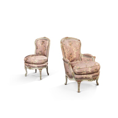 View full screen - View 1 of Lot 621. A Louis XV polychrome-painted bergère and matching side chair, circa 1750.