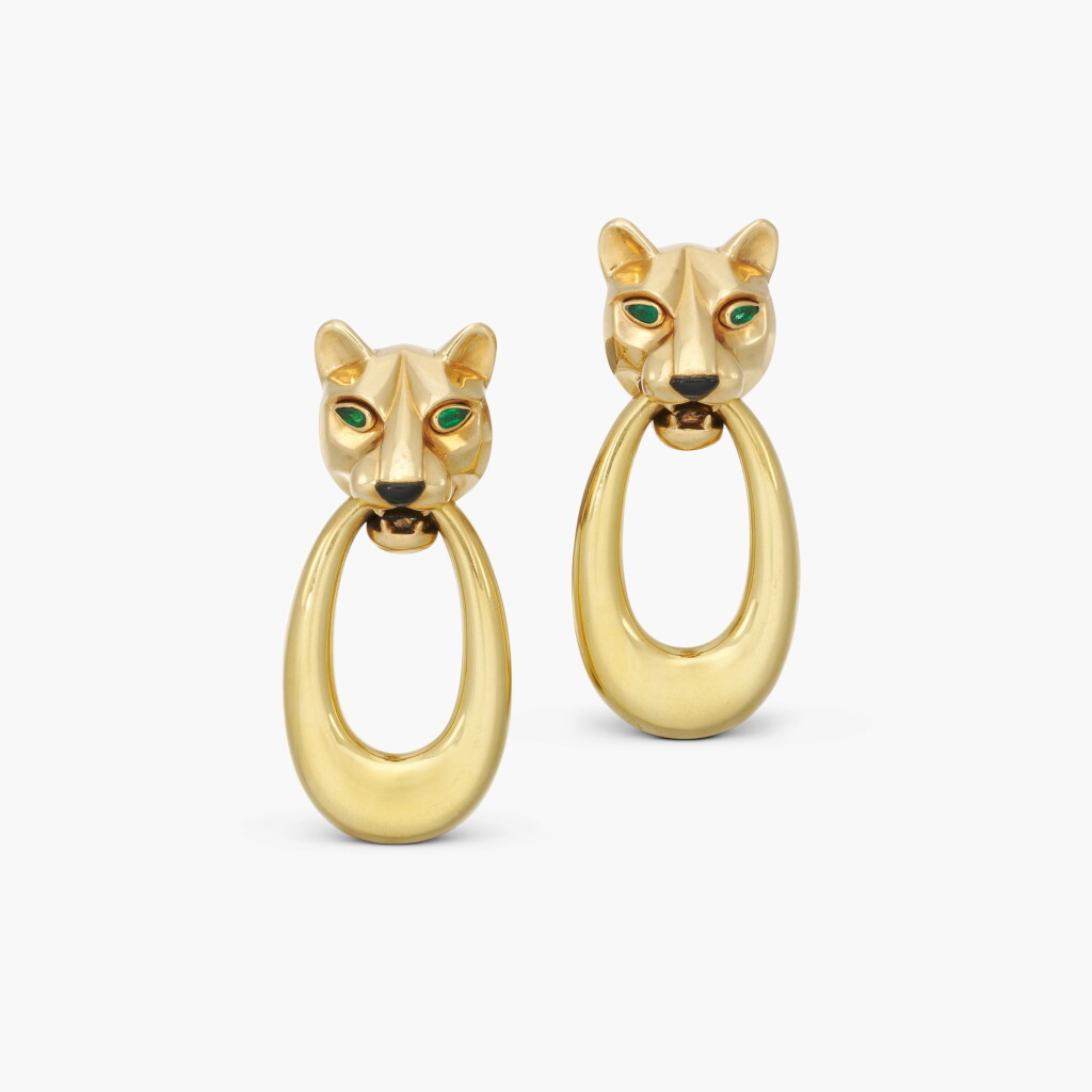 View full screen - View 1 of Lot 506. Pair of Gold, Emerald and Onyx 'Panthère' Pendent Earrings .