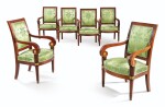 A SET OF SIX GILT-BRONZE MOUNTED MAHOGANY ARMCHAIRS, EMPIRE, EARLY 19TH CENTURY | SUITE DE SIX FAUTEUILS EN ACAJOU ET BRONZE DORÉ D'ÉPOQUE EMPIRE