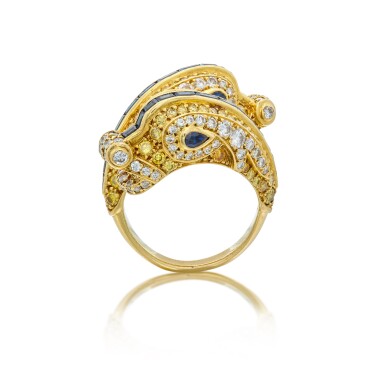 View full screen - View 1 of Lot 216. Gold, Sapphire, Colored Diamond and Diamond Ring, France.