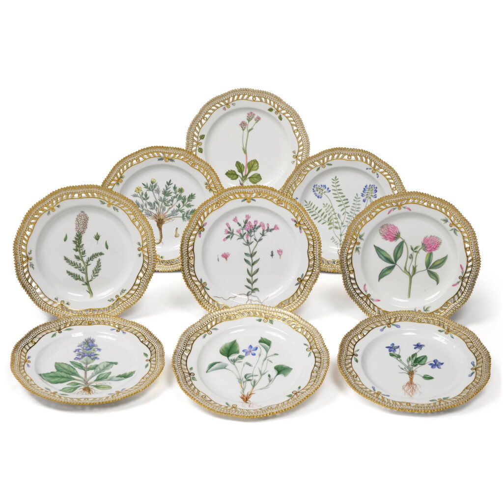View full screen - View 1 of Lot 434. Nine Royal Copenhagen 'Flora Danica' Reticulated Dessert Plates, Modern.