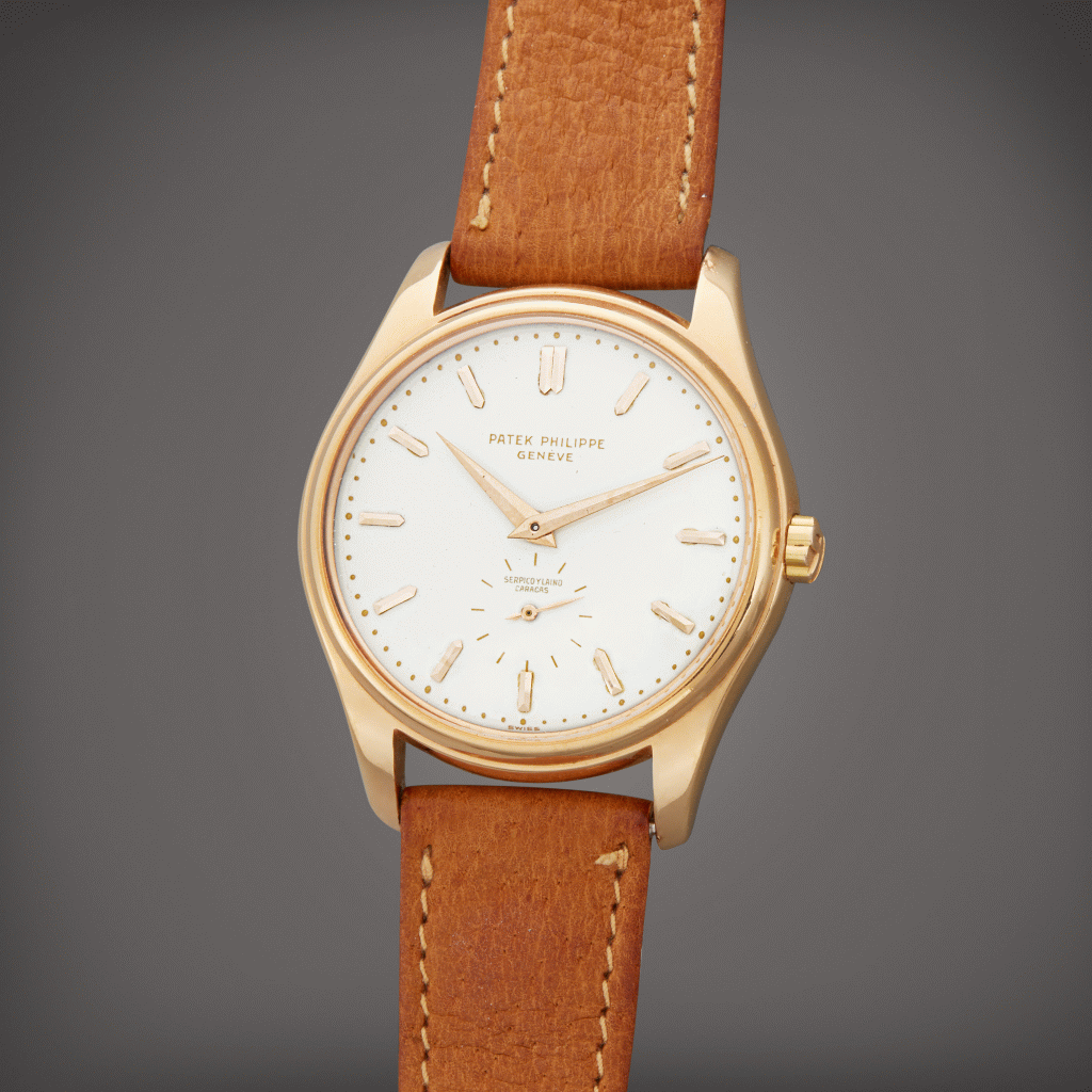 View full screen - View 1 of Lot 63. Previously from The Andy Warhol Collection, Reference 2526 | Retailed by Serpico Y Laino Caracas: A pink gold wristwatch with first series enamel dial, Circa 1955.