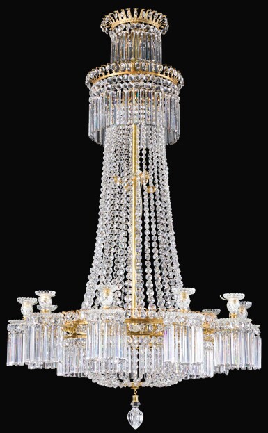 View full screen - View 1 of Lot 22. A REGENCY GILT-BRONZE AND CUT-GLASS TEN-LIGHT CHANDELIER, CIRCA 1810, ATTRIBUTED TO JOHN BLADES.