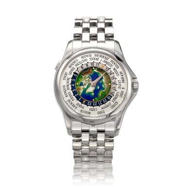 View full screen - View 1 of Lot 147. Reference 5131/1P-001, Retailed by Tiffany & Co.: A platinum automatic world time wristwatch with cloisonné enamel dial and bracelet, Circa 2018 百達翡麗 5131/1P-001 型號鉑金自動上鏈世界時間鍊帶腕錶配掐絲琺瑯錶盤,約2018年製,零售商為蒂芙尼.