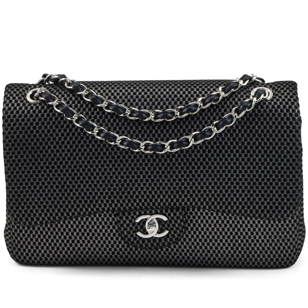 View full screen - View 1 of Lot 164. Black and Silver Perforated Mesh Jumbo Double Flap Silver Hardware, 2017.