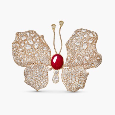 View full screen - View 1 of Lot 1621. Ruby, Coloured Diamond and Diamond 'Butterfly' Brooch | 趙心綺 | 紅寶石 配 彩色鑽石 及 鑽石 「蝴蝶」胸針.
