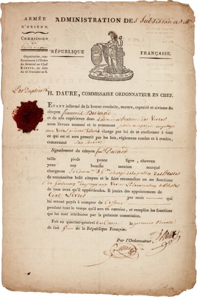 View full screen - View 1 of Lot 86. Napoleon's Army in Egypt | Document signed by Hector Daure, the Paymaster General in Cairo,1799.