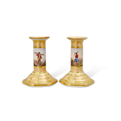 View full screen - View 1 of Lot 375. A Pair of Worcester (Barr, Flight and Barr) Salmon Pink-Ground Candlesticks, Circa 1806.