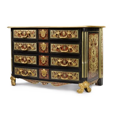 View full screen - View 1 of Lot 52. A Régence gilt-bronze mounted brass and tortoiseshell 'Boulle' marquetry ebonised wood commode, early 18th century, in the manner of Nicolas Sageot.