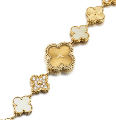 View full screen - View 1 of Lot 248. Van Cleef & Arpels | Montre bracelet de dame nacre et diamants, "Alhambra" | Lady's mother-of-pearl and diamond wristwatch, 'Alhambra'..