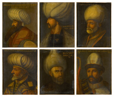 View full screen - View 1 of Lot 74. "The Newbattle Turks": A set of 6 historical portraits comprising: Tamerlane (1336-1405); Bayezid I (1360-1403); Mehmed I (1381-1421); Murad II (1404-51); Bayezid II (1447-1512); Suleiman the Magnificent (1494-1566).