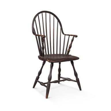 View full screen - View 1 of Lot 256. A Very Fine and Rare Brown-Painted Knuckled Continuous-Arm Windsor Armchair, Eastern Connecticut, circa 1800.