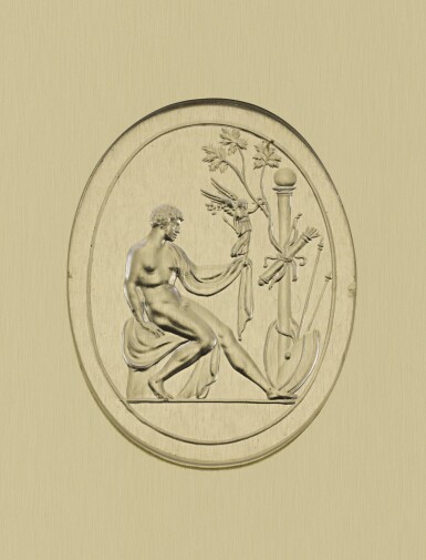 View full screen - View 1 of Lot 171. ATTRIBUTED VALERIO BELLI (CIRCA 1468-1546) | INTAGLIO WITH A YOUNG HERO OFFERING A VICTORY BEFORE A CIPPUS, POSSIBLY ACHILLES VICTORIOUS.