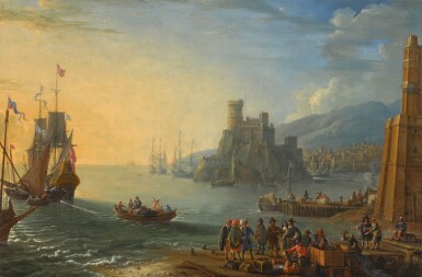 View full screen - View 1 of Lot 44. An extensive port with boats, figures on land, and a fortified castle.