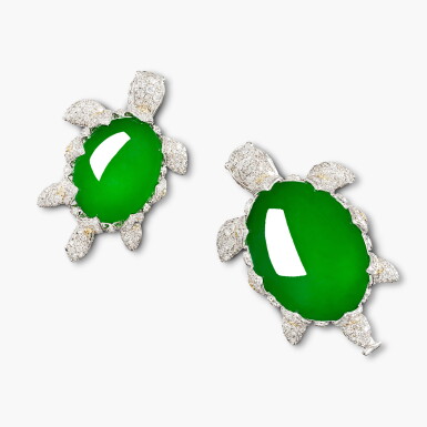 View full screen - View 1 of Lot 1375. Two Jadeite and Diamond Brooches | 天然翡翠 配 鑽石 胸針兩枚.